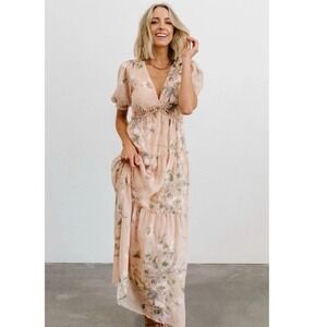 Baltic Born Santorini Floral Blush Maxi Dress V-neck Tiered Ruffle Size Medium